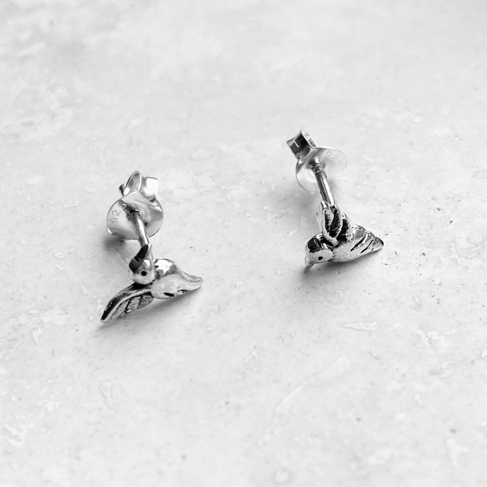 Sterling Silver Tiny Stud Hummingbird Earrings - image 5